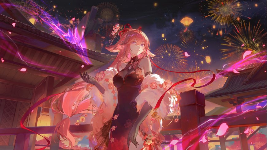 原神八重神子节日烟花夜景少女动漫电脑壁纸