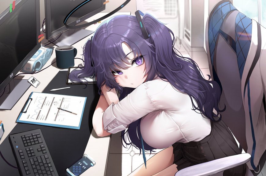 蔚蓝档案早濑优香办公室趴桌少女动漫电脑壁纸