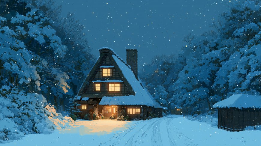 白川乡雪夜合掌造温馨治愈风景电脑壁纸