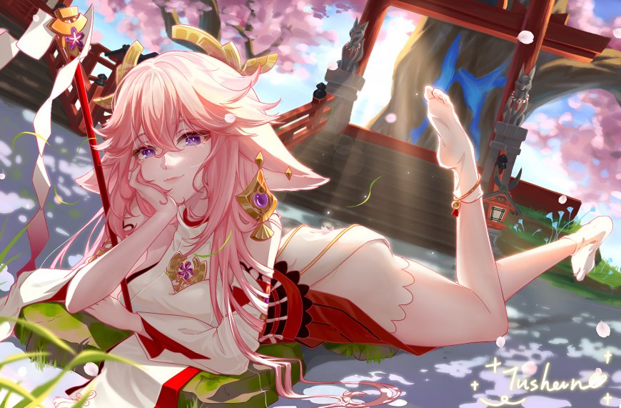 原神八重神子趴姿樱花神社少女动漫电脑壁纸