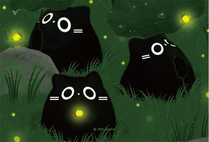 黑猫萤火虫夏夜草地治愈创意电脑壁纸