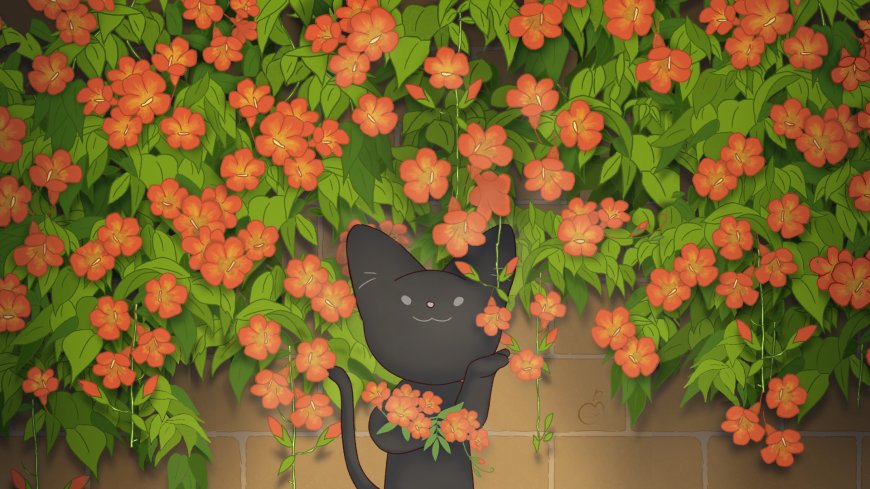 黑猫捧凌霄花砖墙藤蔓治愈创意电脑壁纸