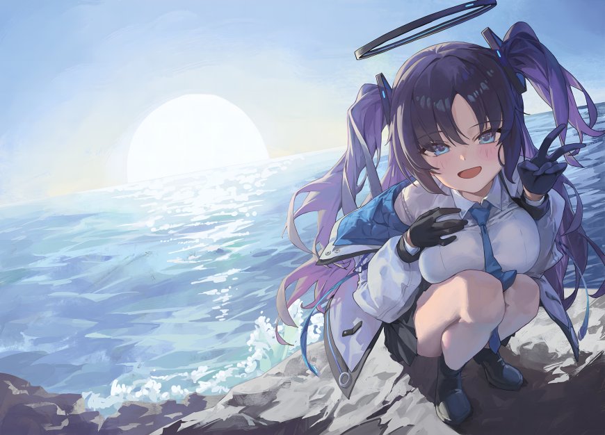 蔚蓝档案早濑优香海边夕阳挥手少女动漫电脑壁纸