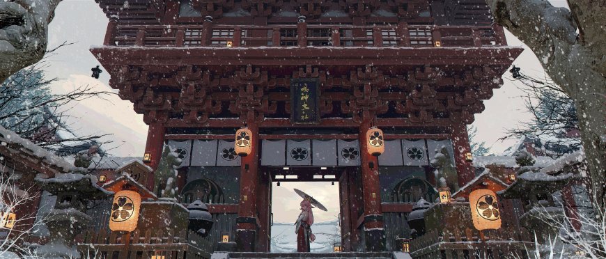 原神八重神子鸣神大社雪景撑伞少女动漫电脑壁纸