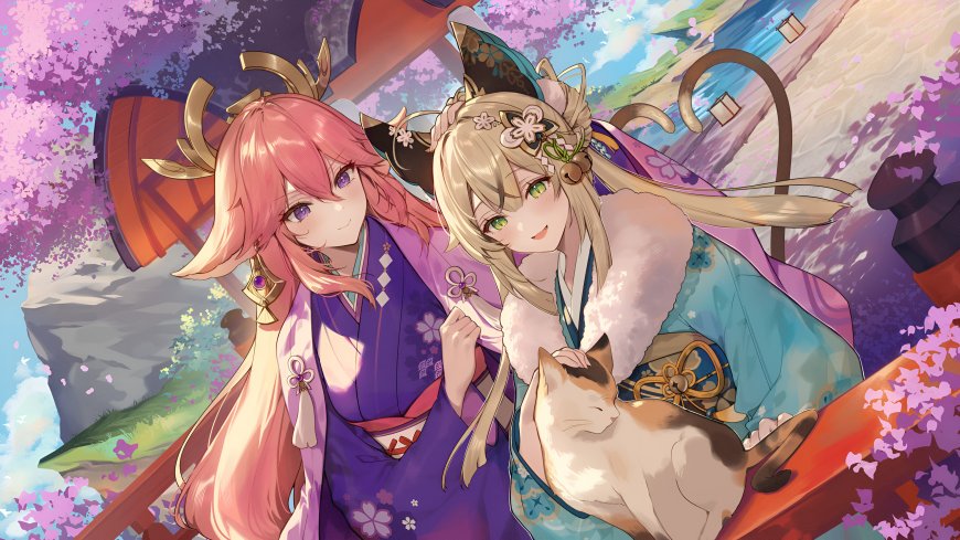 原神八重神子绮良良樱花撸猫少女动漫电脑壁纸