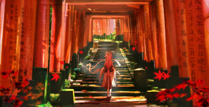原神八重神子神社石阶枫叶少女动漫电脑壁纸