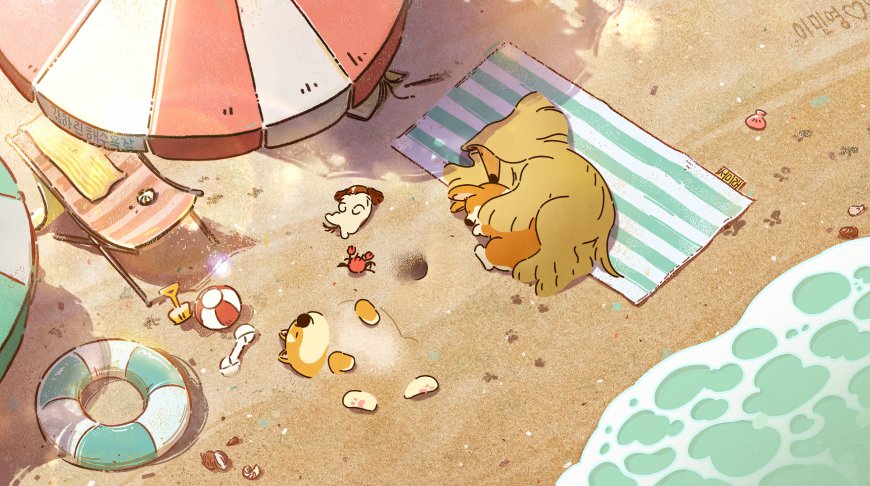 线条小狗卡通海滩夏日午睡治愈动漫电脑壁纸