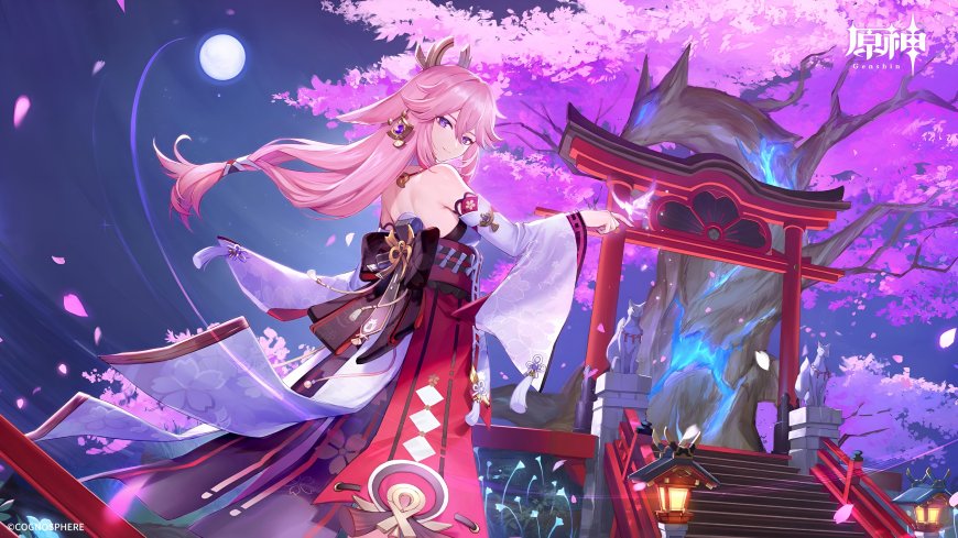 原神八重神子夜樱神木月下少女动漫电脑壁纸