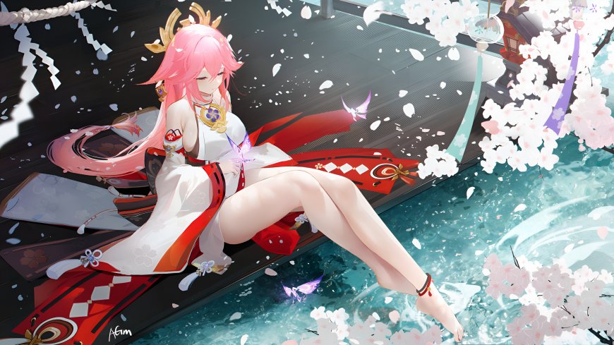 原神八重神子水边樱花蝴蝶少女动漫电脑壁纸