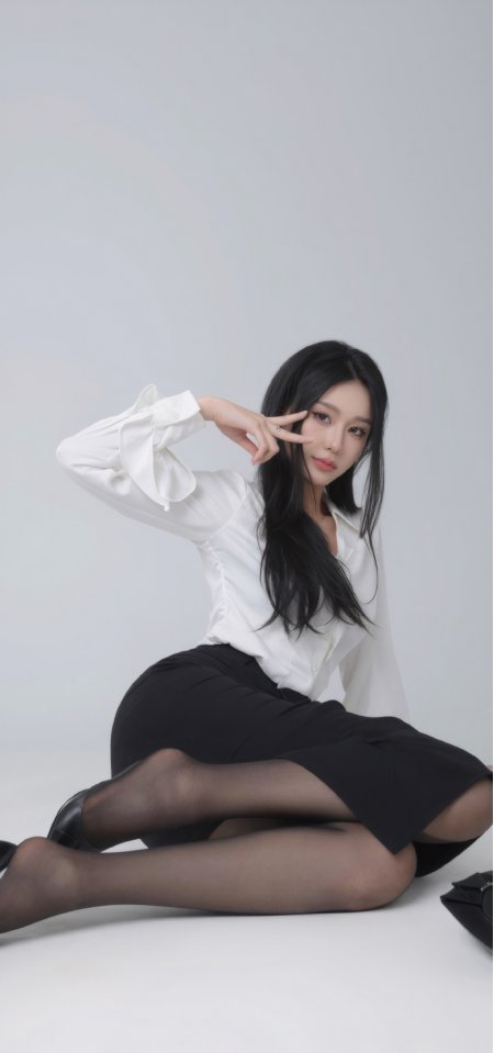 白衬衫黑裙丝袜长发美女工作室人物手机壁纸