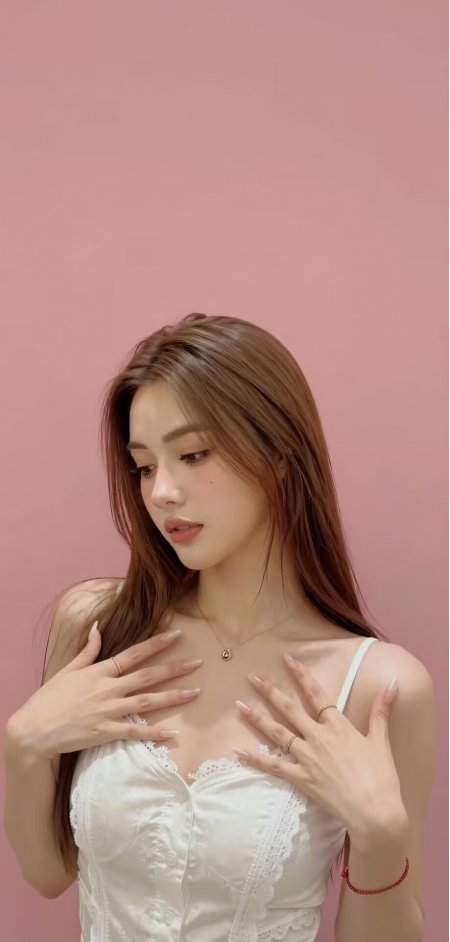 白蕾丝吊带长发美女粉色背景人物手机壁纸