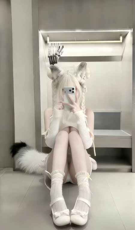 白色针织兽耳美女坐姿室内cosplay人物手机壁纸