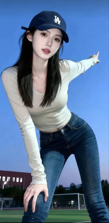 棒球帽操场蓝天修身长袖美女手机壁纸