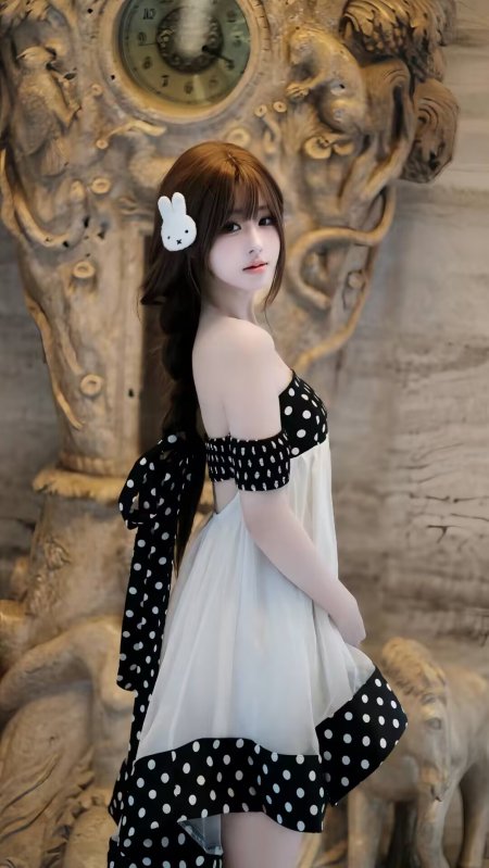 波点裙兔子发卡复古雕花美女手机壁纸