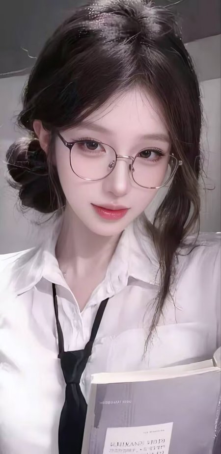 白衬衫黑领带圆框眼镜持书美女人物手机壁纸
