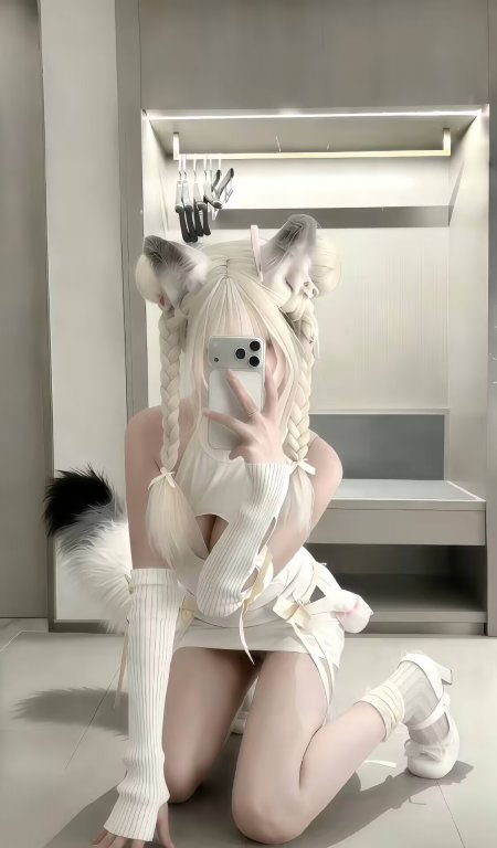 白发兽耳狐狸尾巴清纯美女二次元风格cosplay手机壁纸