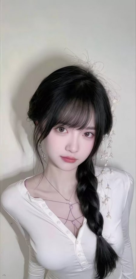 白衣侧编发长发美女清纯摄影人物手机壁纸