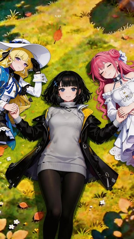 草地三人牵手仰望少女动漫手机壁纸