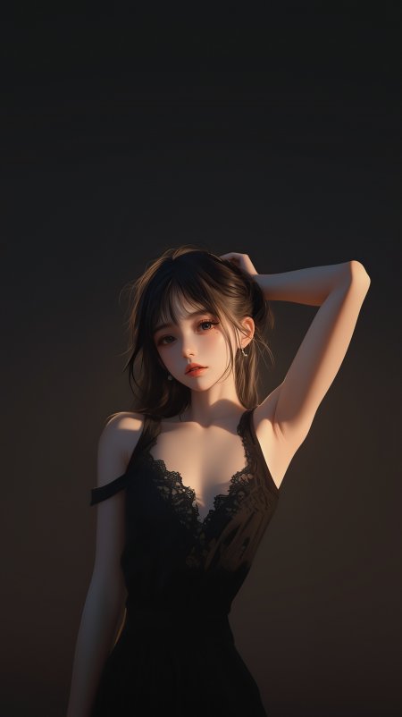 暗调黑色蕾丝冷艳御姐撩发少女动漫手机壁纸