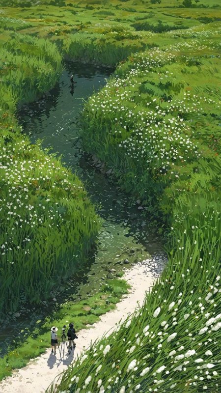 翠绿草甸蜿蜒溪流白花夏日治愈动漫手机壁纸