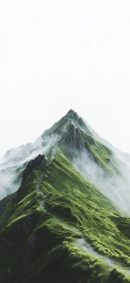 翠绿山峰云雾小径简约天空风景手机壁纸