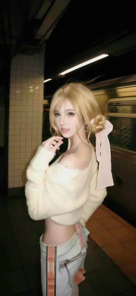 地铁站台金发露肩毛衣美女摄影人物手机壁纸