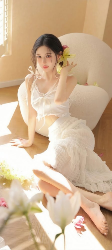 百合白裙木地板美女人物手机壁纸