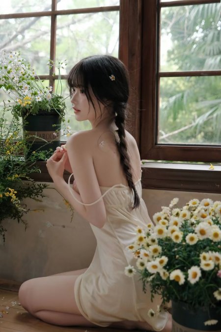 窗边编发吊带裙回眸鲜花美女人物手机壁纸