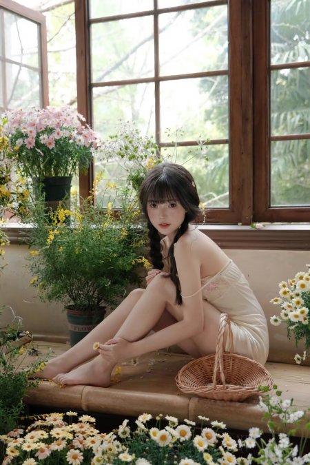 窗边辫子白裙雏菊清新美女人物手机壁纸