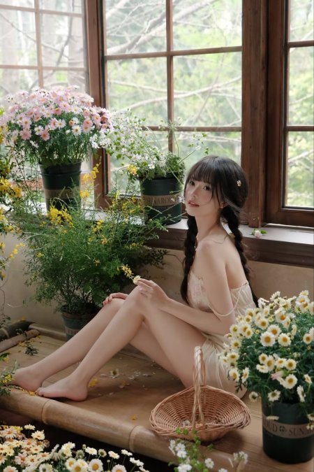 窗边辫子持花清新美女摄影人物手机壁纸