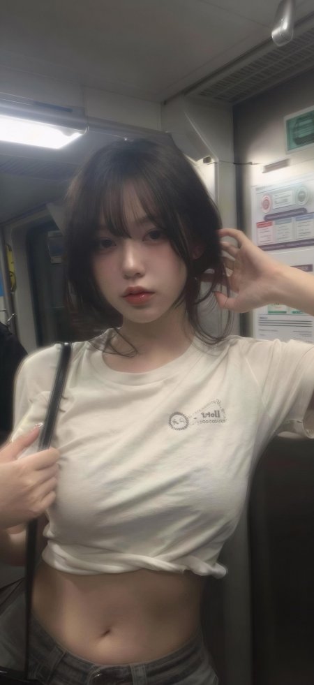 地铁车厢白衣露腰刘海美女街拍人物手机壁纸