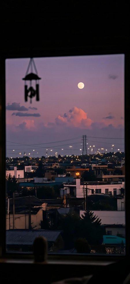 窗外满月紫霞粉云城市灯火治愈风景手机壁纸
