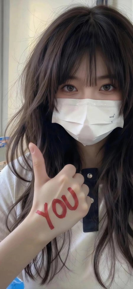 戴口罩长发美女手背红字点赞人物手机壁纸
