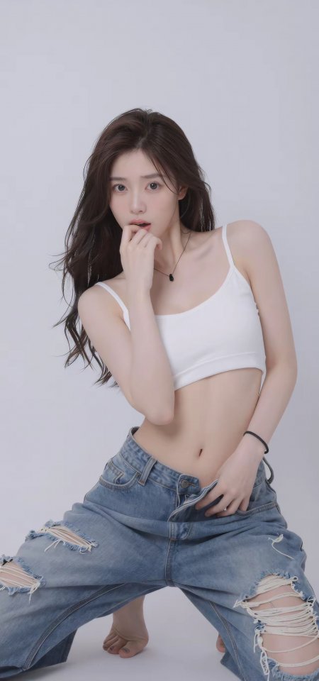 白吊带破洞牛仔裤长发美女人物手机壁纸
