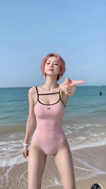 粉发粉泳装海边沙滩指镜头美女人物手机壁纸