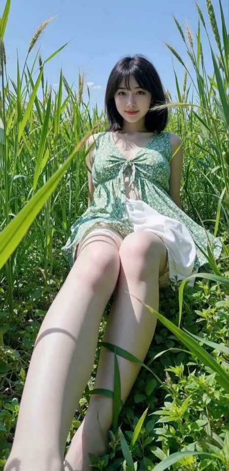 短发碎花绿裙草地蓝天清新美女人物手机壁纸