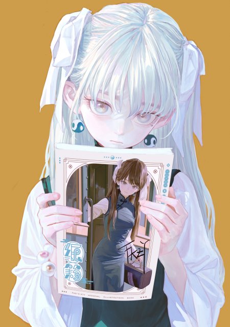 白发高扎辫捧画集阴阳耳坠少女动漫手机壁纸