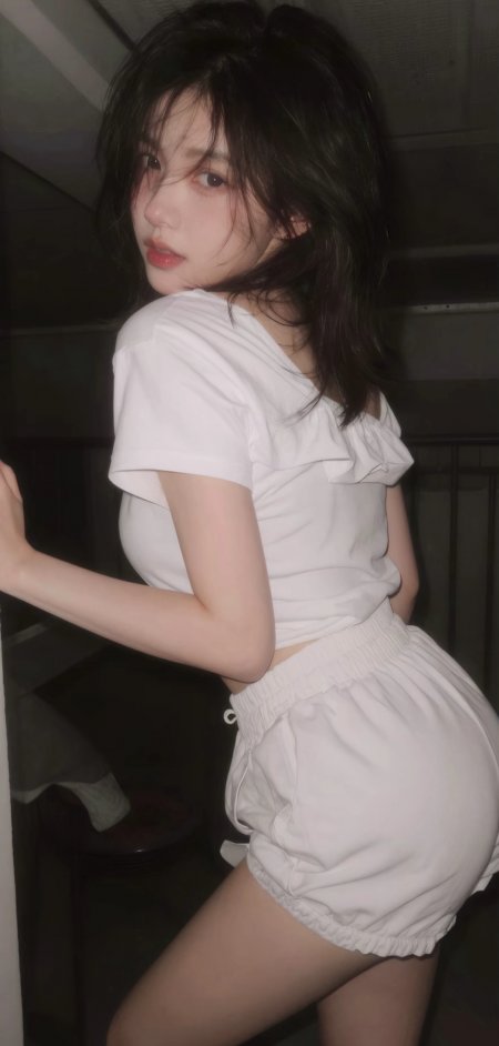 白衣短裤夜色柔光回眸美女摄影人物手机壁纸