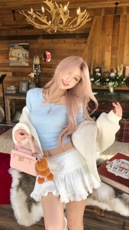 粉发浅蓝衣木屋壁炉甜美美女人物手机壁纸