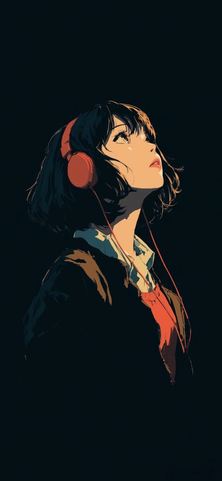 短发女红耳机沉思创意手机壁纸