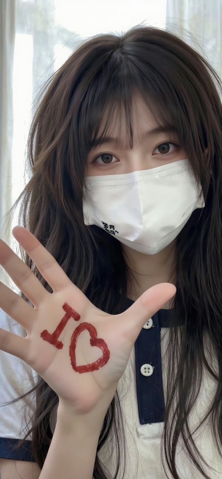 戴口罩美女掌心红心示爱摄影人物手机壁纸