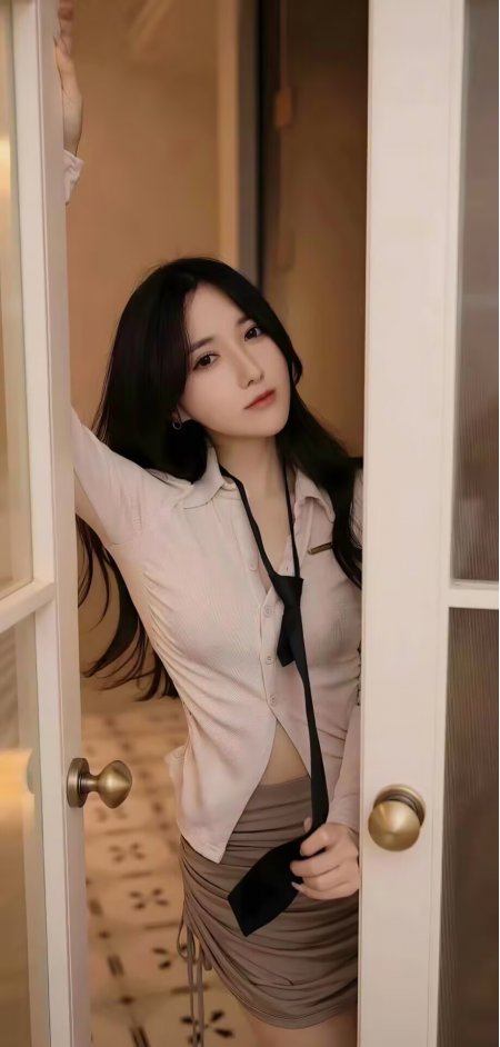 粉衬衫黑领带长发美女门口站姿人物手机壁纸