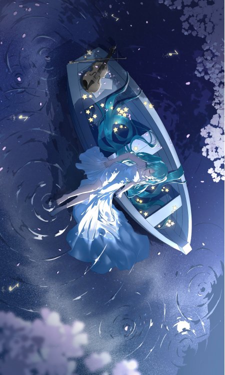 初音未来小船樱花星光梦幻动漫手机壁纸