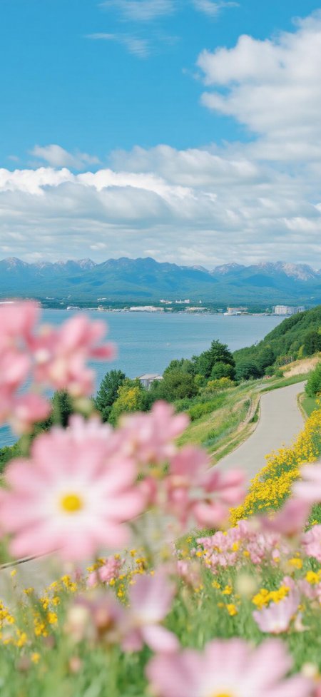 粉花前景蜿蜒公路湖泊远山夏日风景手机壁纸