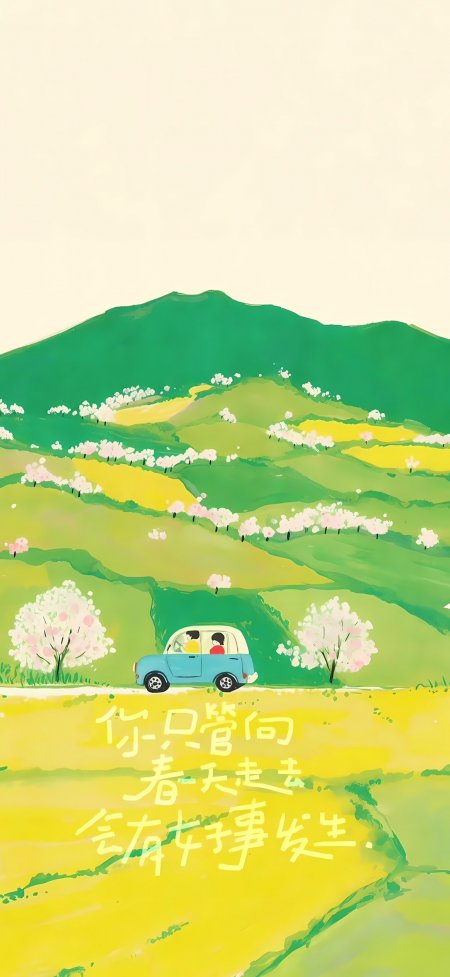 春日蓝车油菜花田粉树绿山治愈插画风景手机壁纸