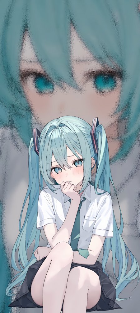 初音未来校服托腮青绿长发动漫手机壁纸