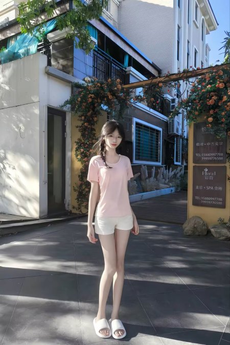 粉衣白裤鲜花拱门阳光街拍美女人物手机壁纸