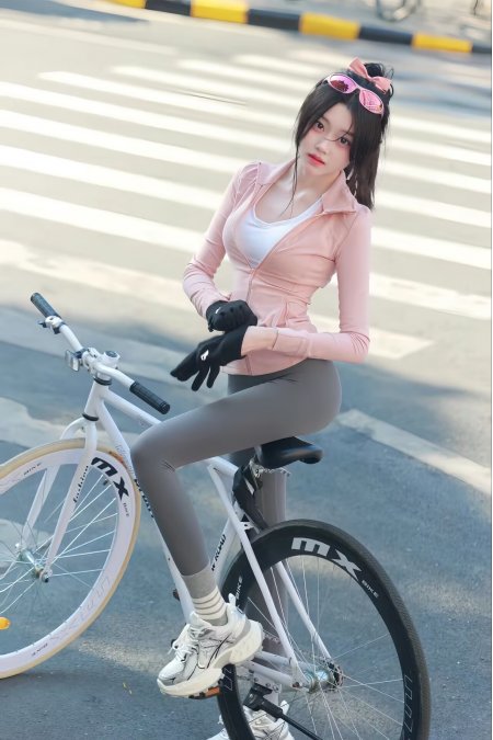 粉衣单车街拍美女人物手机壁纸