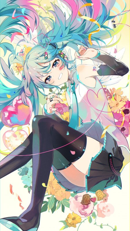 初音未来缤纷花簇气球青发少女动漫手机壁纸