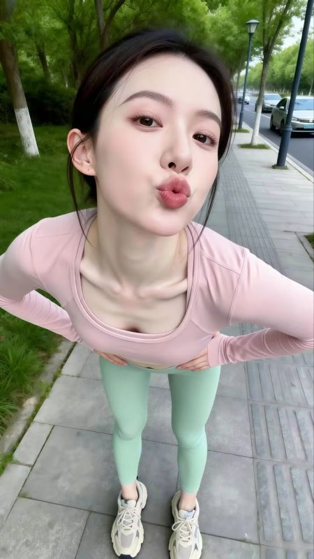 粉衣绿裤户外嘟嘴俏皮美女人物手机壁纸